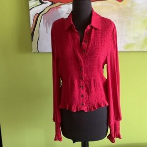 New Free People Red Ruched Button up Blouse Top